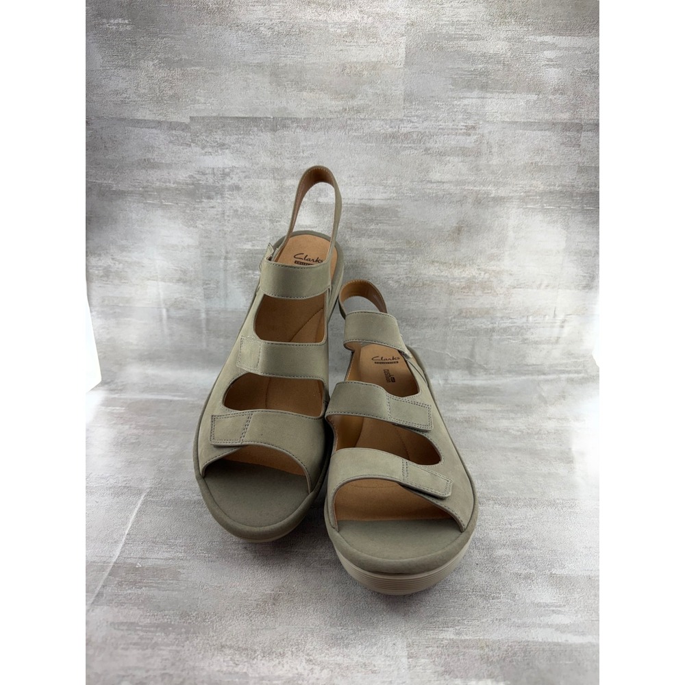 Clarks Reedly Juno Sage Green Nubuck Leather Wedge Sandals Women Sz 12W Wide